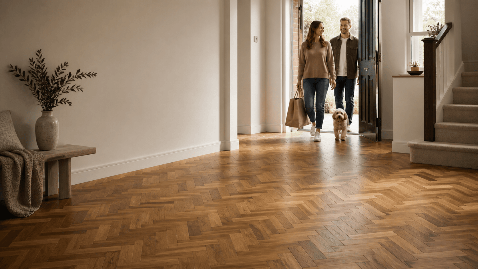 Herringbone oak floor in a bright hallway