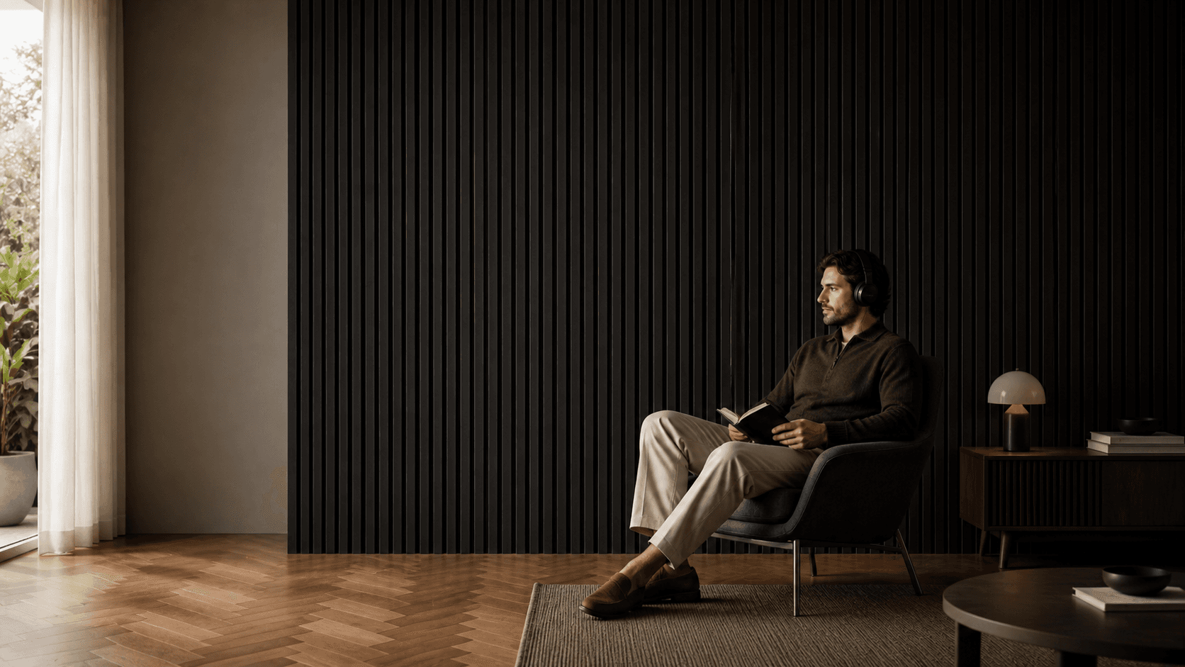 Dark acoustic slatted panels in a reading room with herringbone floor