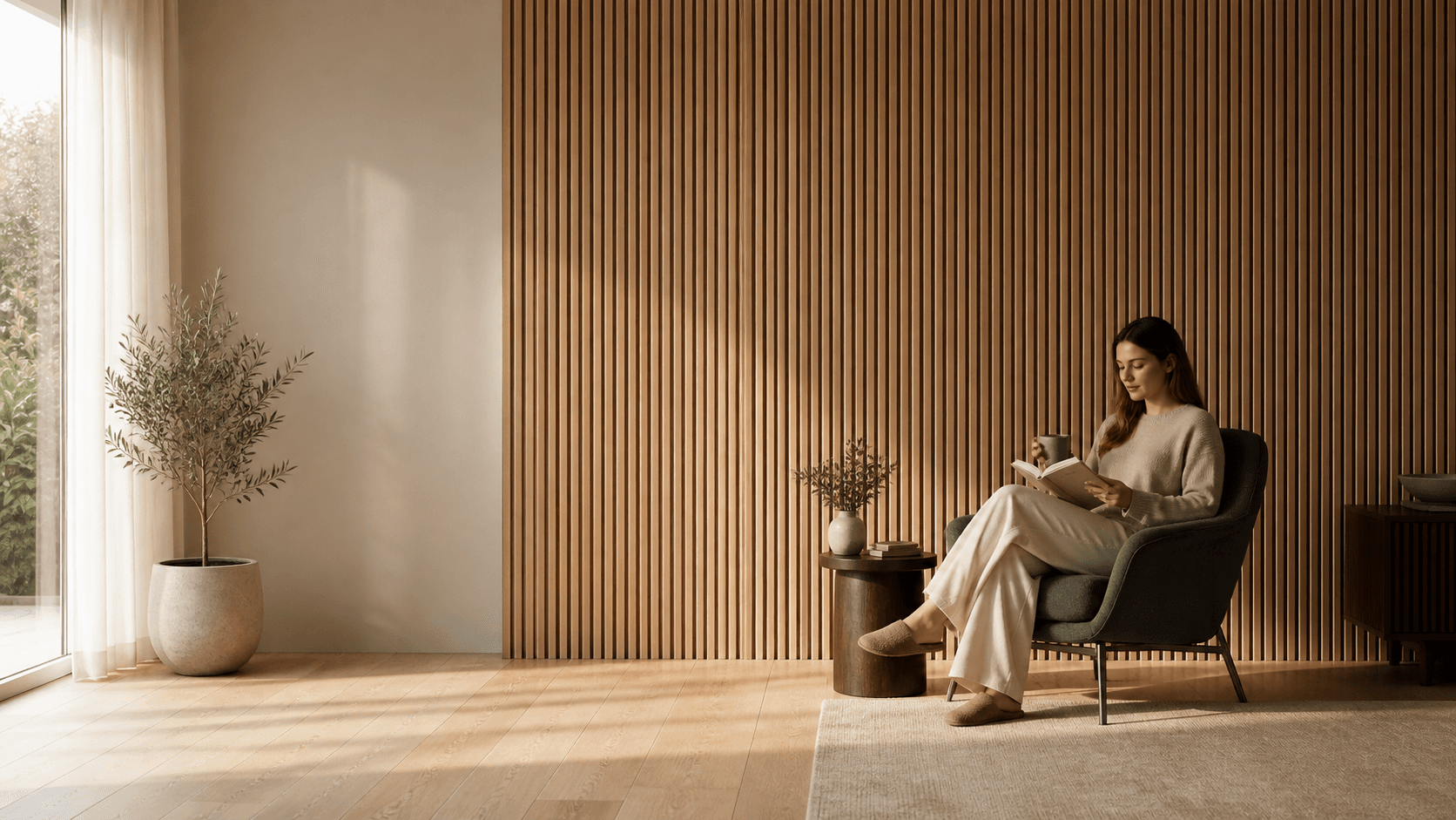 Light oak acoustic slatted panels in a sunlit living room