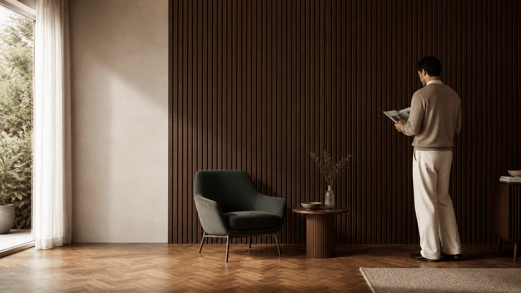 Dark walnut acoustic slatted panels with herringbone oak floor